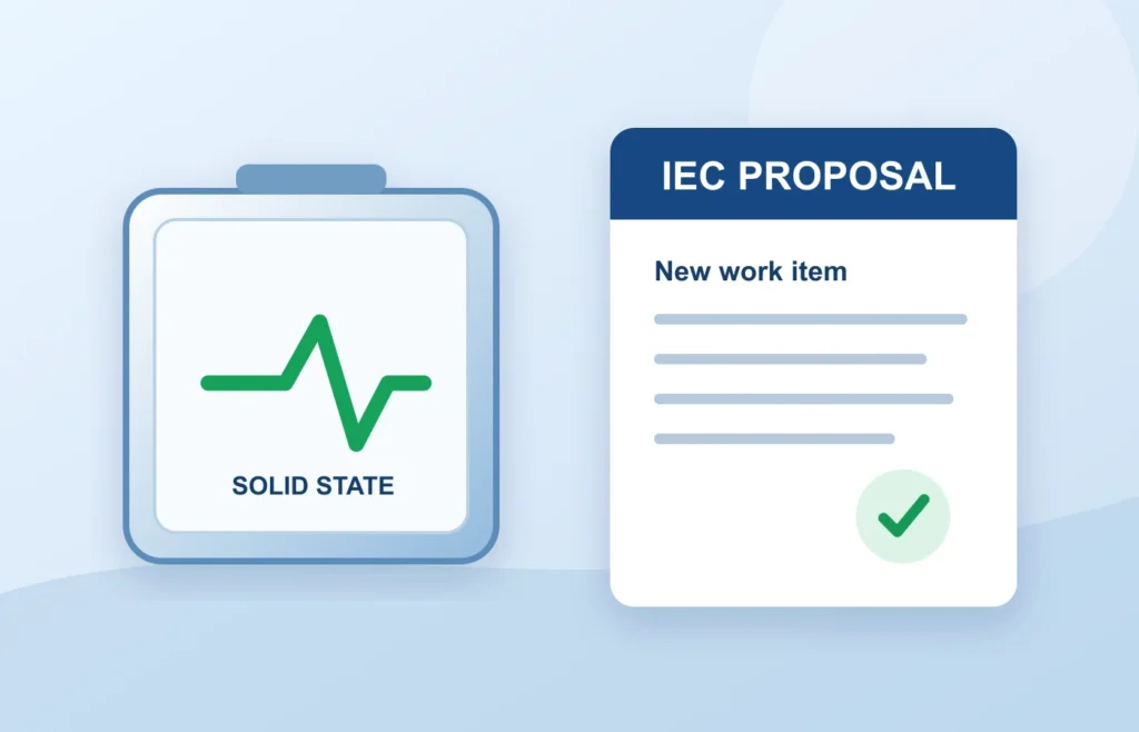 Editorial illustration of a solid-state battery and an IEC standard proposal